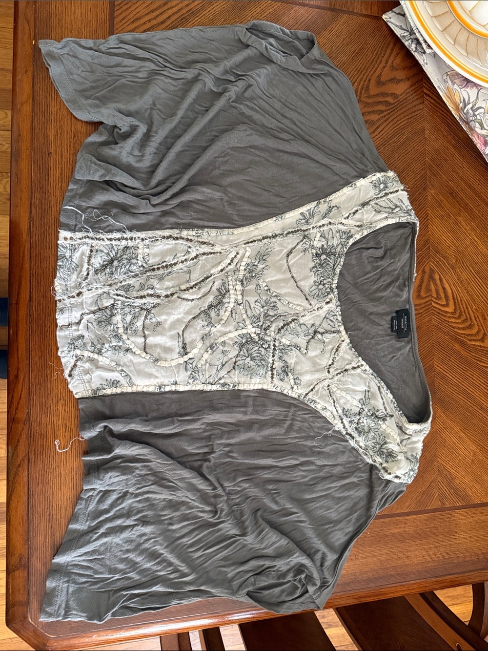 Embellished Scoop Neck Top in Charcoal Gray with Cream Front Panel